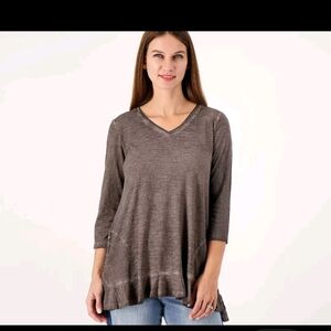 LOGO by Lori Goldstein Distressed Cotton 3/4 Sleeve Top Volcanic Glass XX-Small